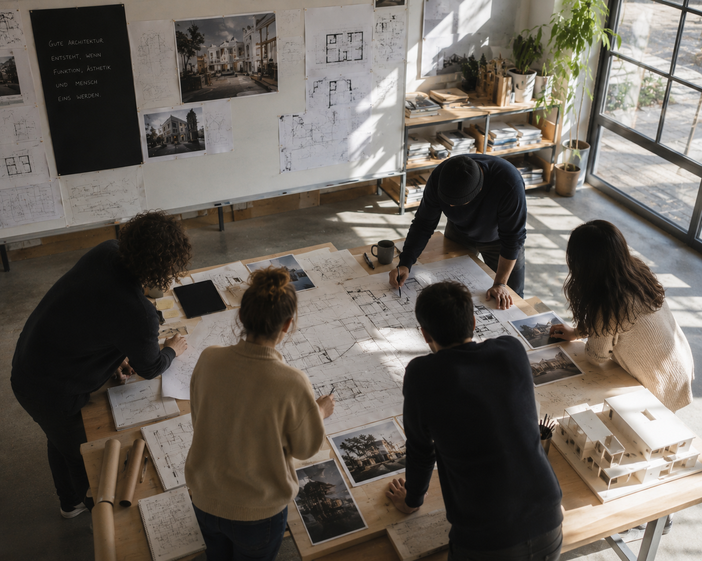 Architekturteam bei der Planung an einem großen Tisch mit Entwürfen und Modellen