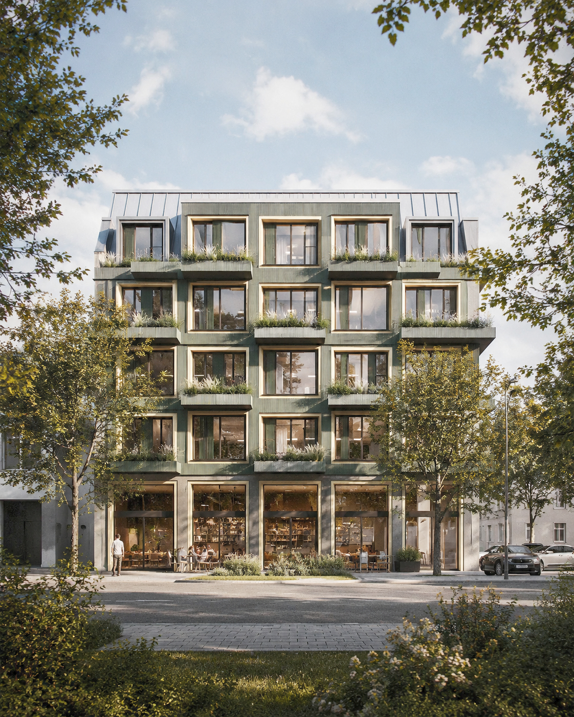 Exterior-Visualisierung eines modernen Wohnhauses in Karlsruhe mit grüner Fassade und Erdgeschossnutzung