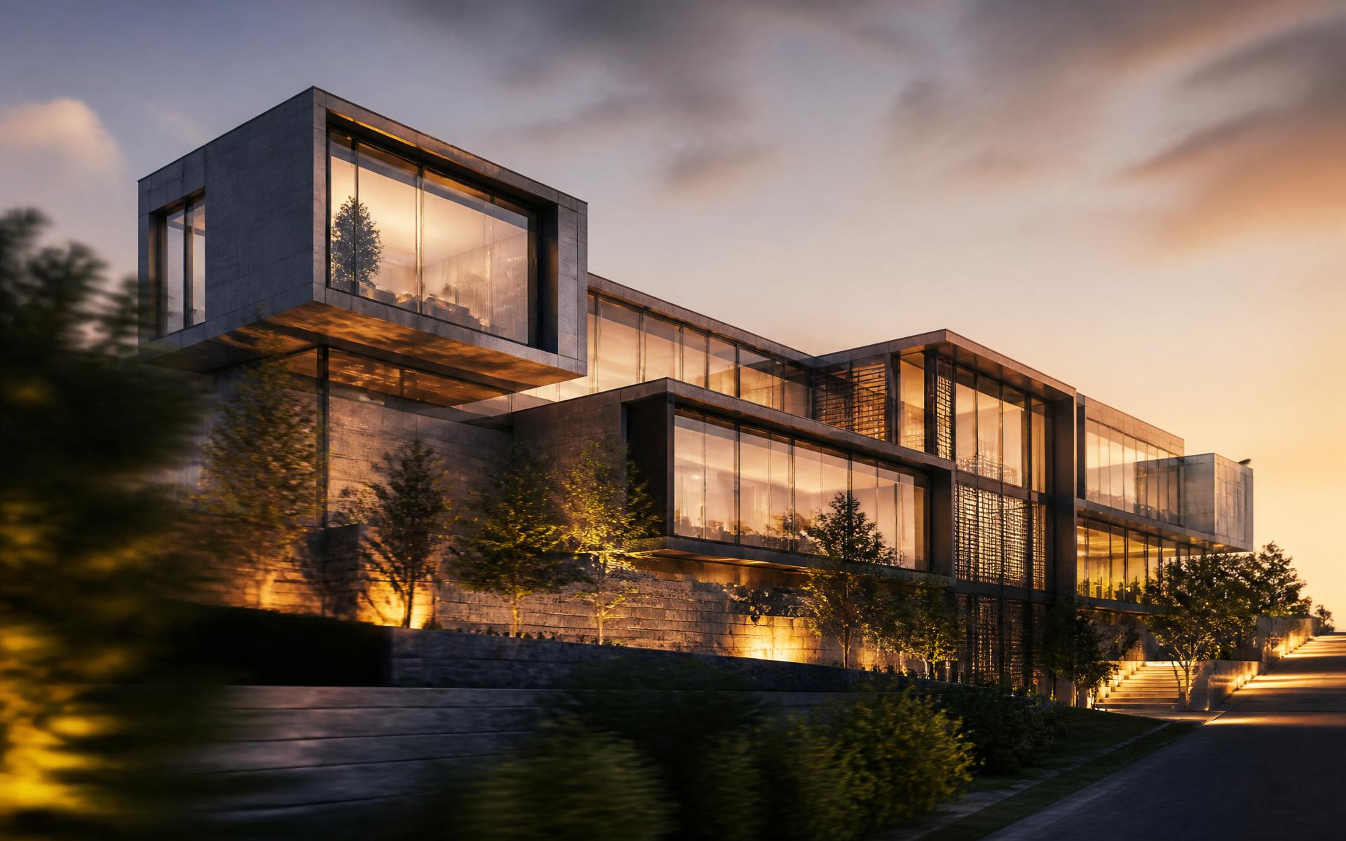 Cineastische Architekturanimation — Fassade im Abendlicht