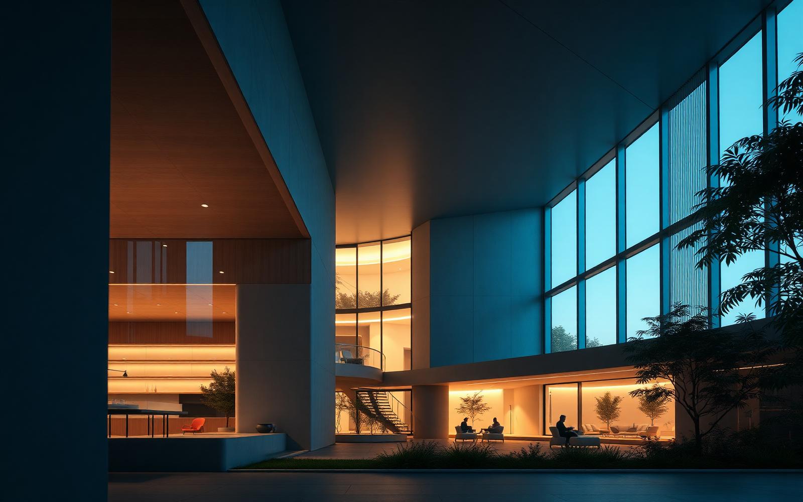Interaktive Echtzeitvisualisierung — Architekturszene im Abendlicht
