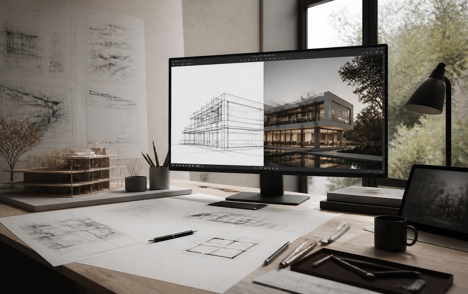 Architekturstudio mit Planungsunterlagen, 3D-Wireframe und fotorealistischem Rendering auf einem Monitor