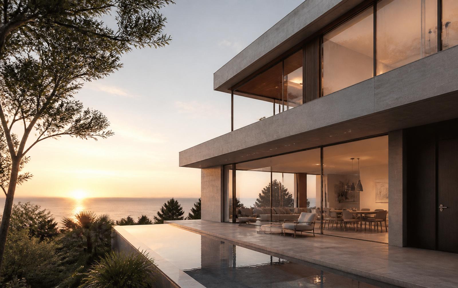 Fotorealistische Architekturvisualisierung eines modernen Wohnhauses im Abendlicht