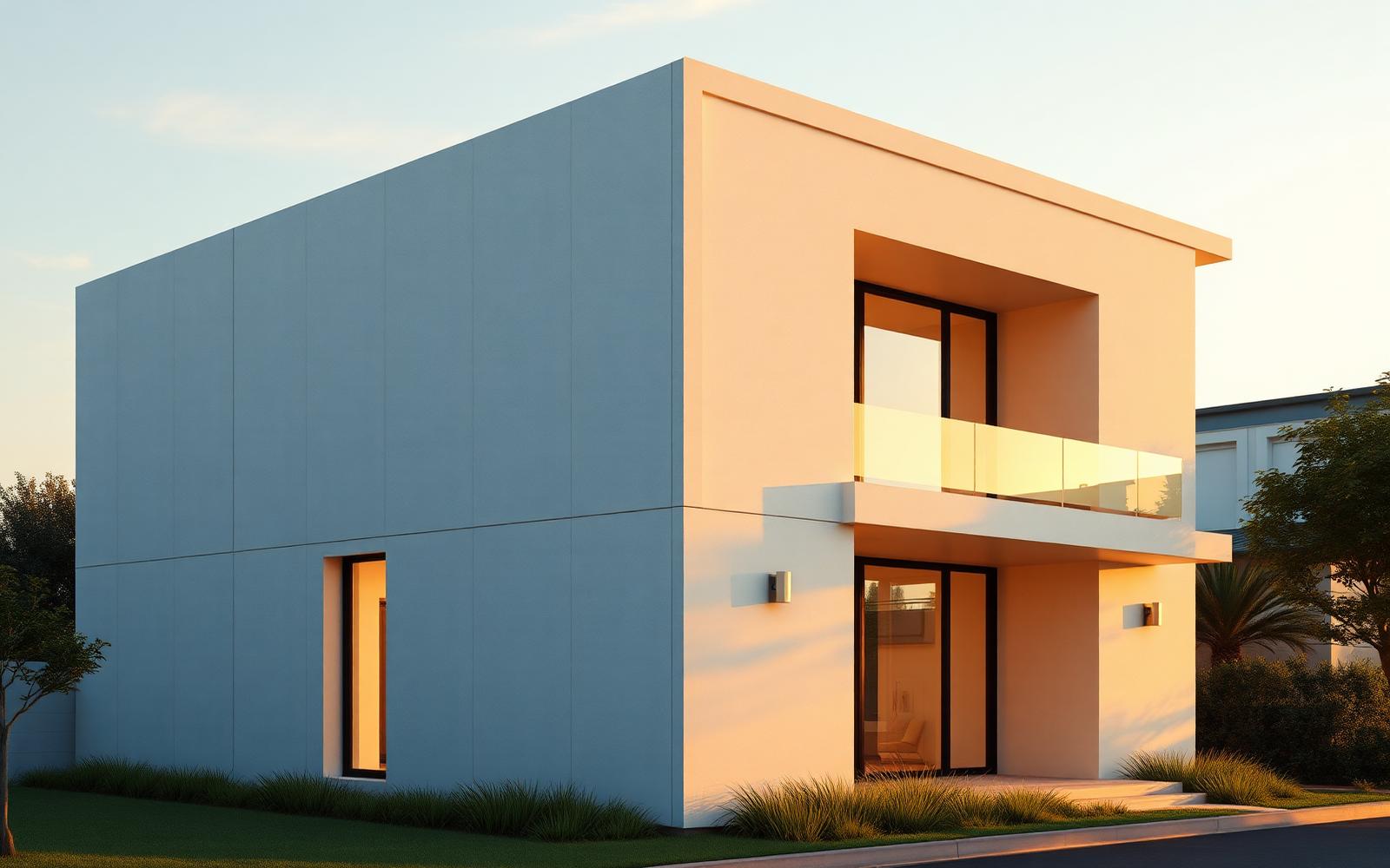 Fotorealistische Architekturvisualisierung eines modernen Gebäudes im warmen Abendlicht