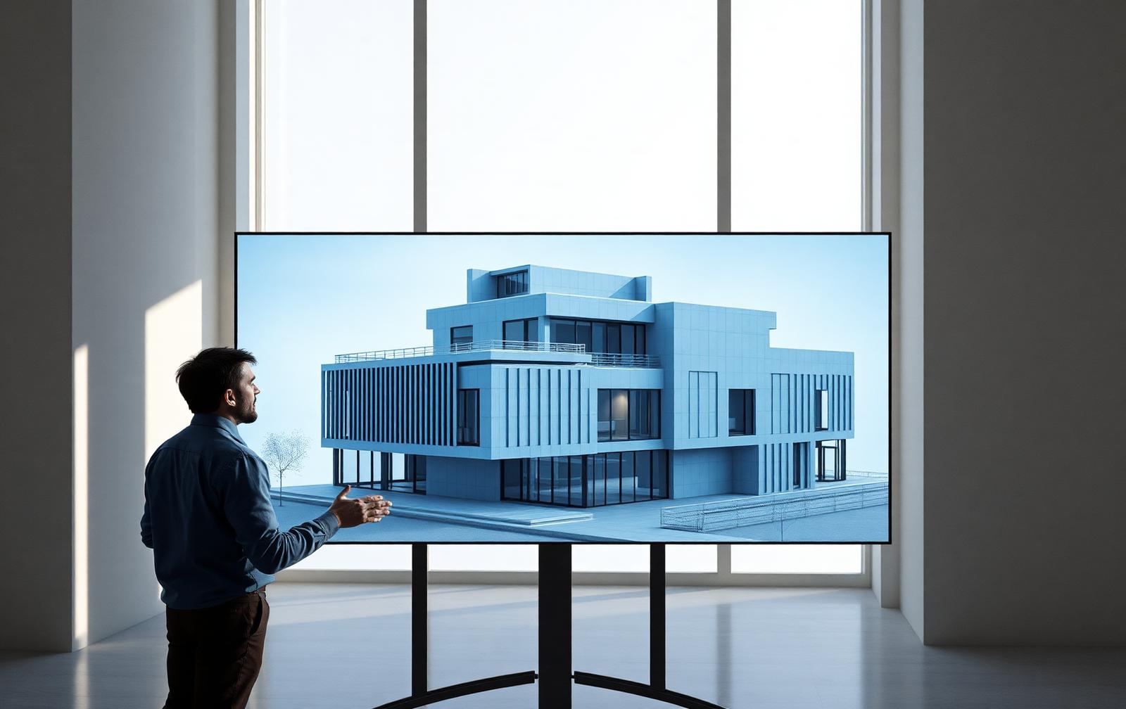 Architekt betrachtet ein interaktives Echtzeit-3D-Modell eines Gebäudes auf einem großen Studio-Display