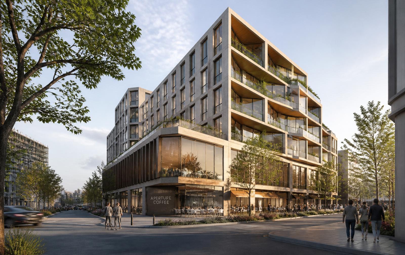 Fotorealistisches Exterior Rendering eines modernen Wohn- und Geschäftsgebäudes im urbanen Kontext