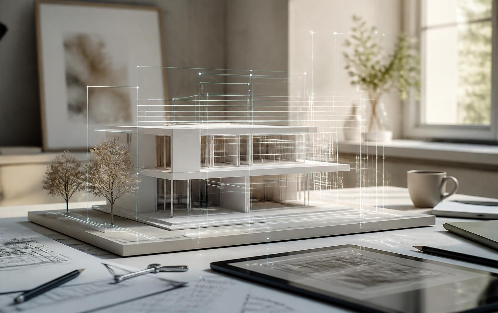 Minimalistisches Architekturmodell auf hellem Betontisch mit dezenten holografischen Wireframe-Überlagerungen