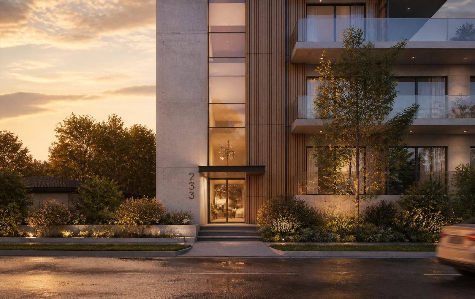 Fotorealistische Architekturvisualisierung eines modernen Wohngebäudes im Abendlicht