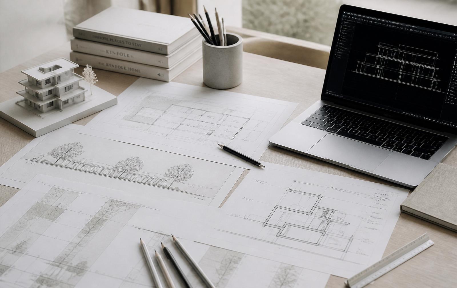 Architektonischer Arbeitsplatz mit Grundrissen, Ansichten, Schnitten und einem CAD-Modell auf dem Laptop