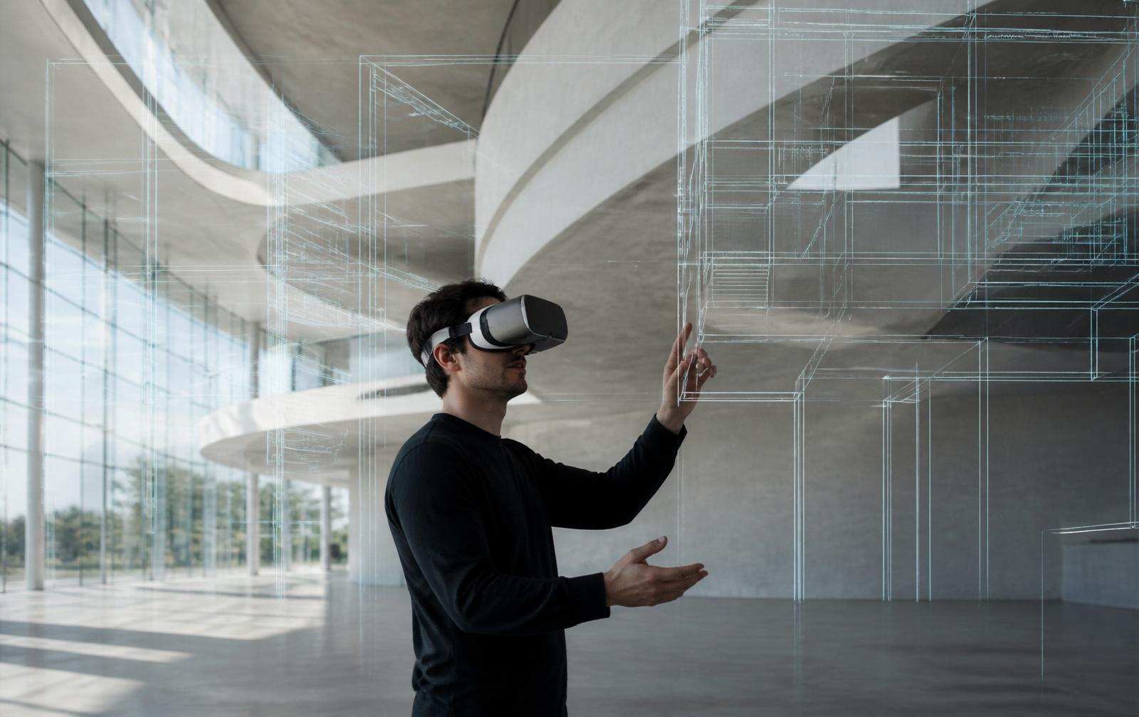 Person mit VR-Brille erlebt einen minimalistischen Architekturraum mit holografischen Wireframe-Überlagerungen